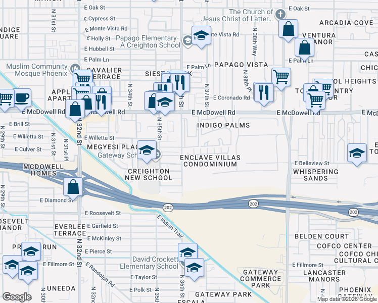 map of restaurants, bars, coffee shops, grocery stores, and more near 3601 East McDowell Road in Phoenix