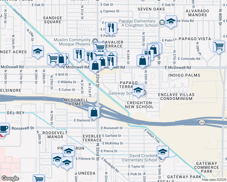map of restaurants, bars, coffee shops, grocery stores, and more near 3250 East Priscilla Court in Phoenix