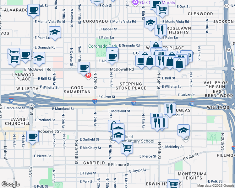 map of restaurants, bars, coffee shops, grocery stores, and more near in Phoenix