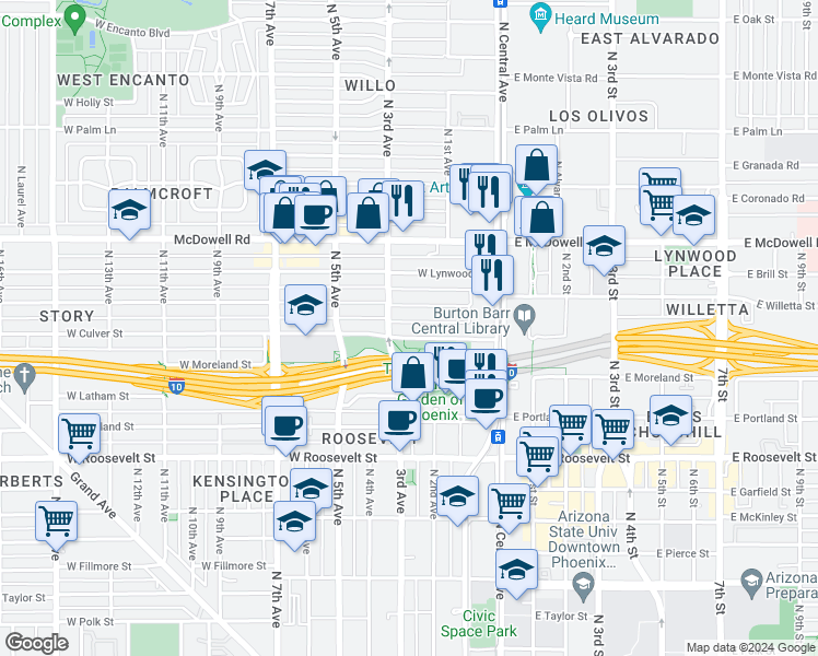 map of restaurants, bars, coffee shops, grocery stores, and more near 69 West Willetta Street in Phoenix