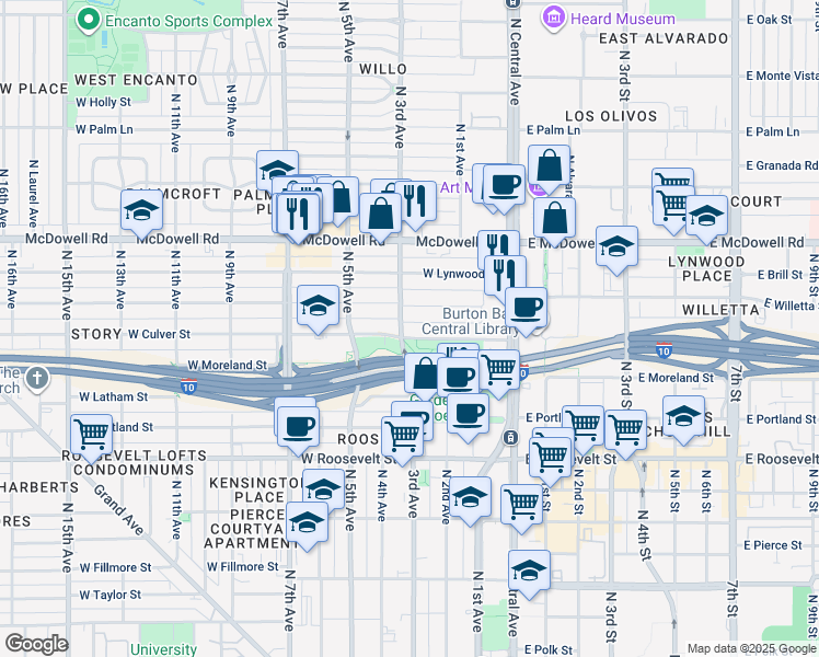 map of restaurants, bars, coffee shops, grocery stores, and more near 303 West Willetta Street in Phoenix
