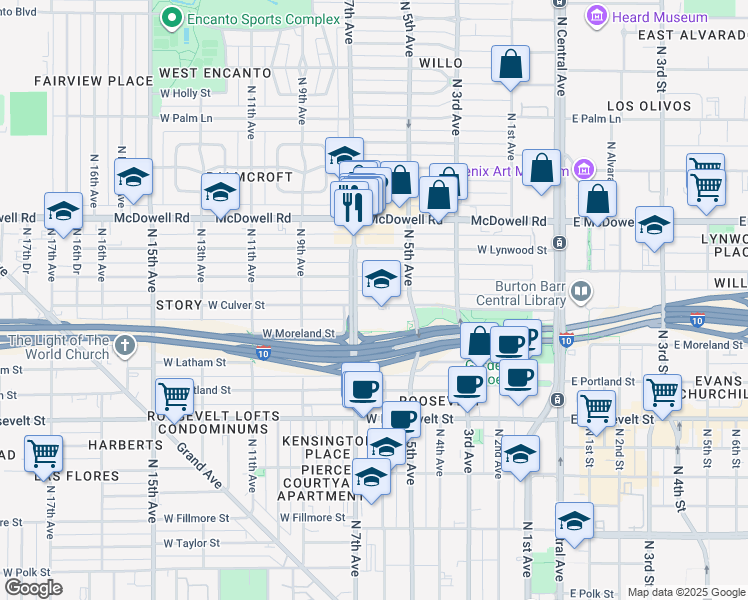 map of restaurants, bars, coffee shops, grocery stores, and more near 523 West Willetta Street in Phoenix