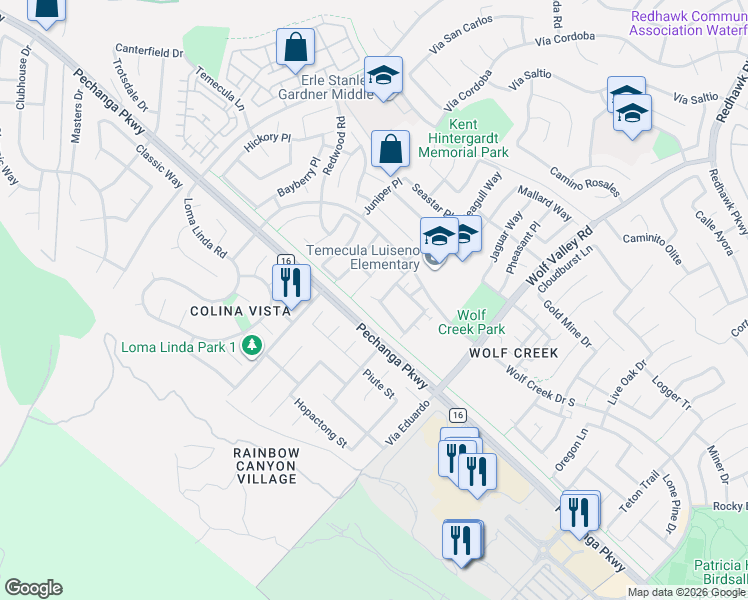 map of restaurants, bars, coffee shops, grocery stores, and more near 45775 Honeysuckle Court in Temecula