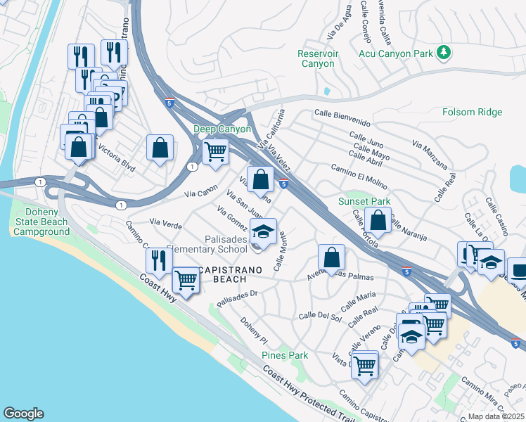 map of restaurants, bars, coffee shops, grocery stores, and more near 34341 Via Fortuna in Dana Point