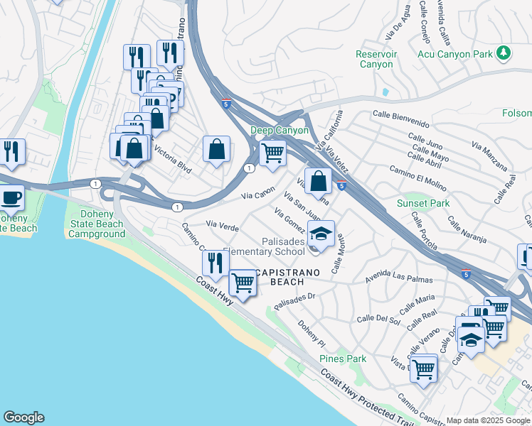 map of restaurants, bars, coffee shops, grocery stores, and more near 26331 Via California in Dana Point