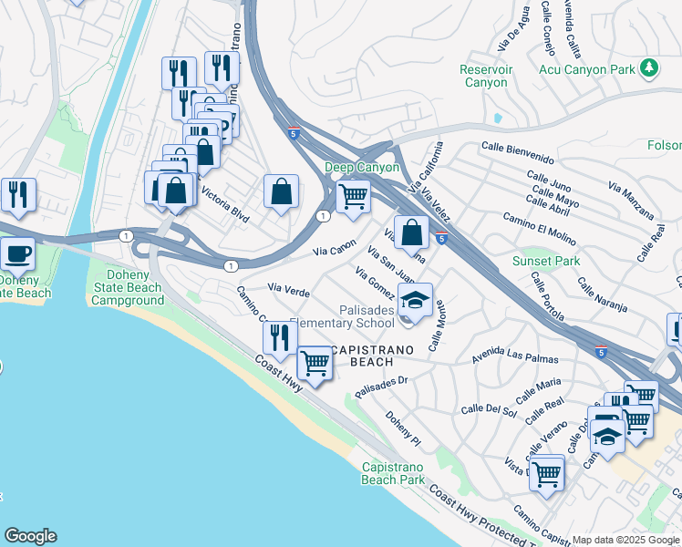 map of restaurants, bars, coffee shops, grocery stores, and more near 26331 Via California in Dana Point