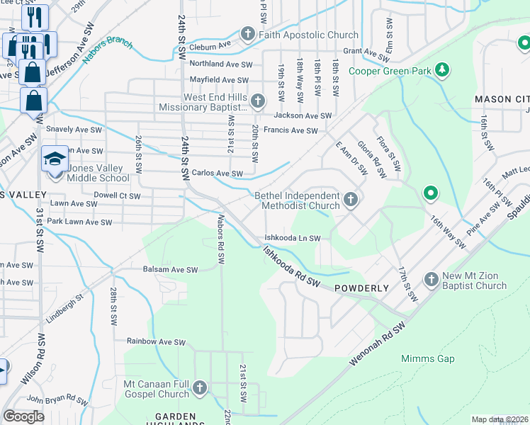map of restaurants, bars, coffee shops, grocery stores, and more near 2210 20th Street Southwest in Birmingham