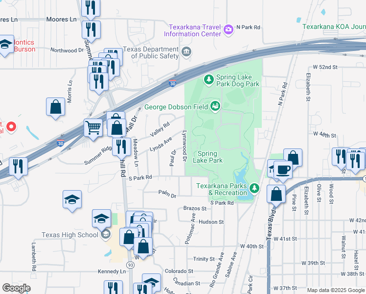 map of restaurants, bars, coffee shops, grocery stores, and more near 23 Lynwood Drive in Texarkana