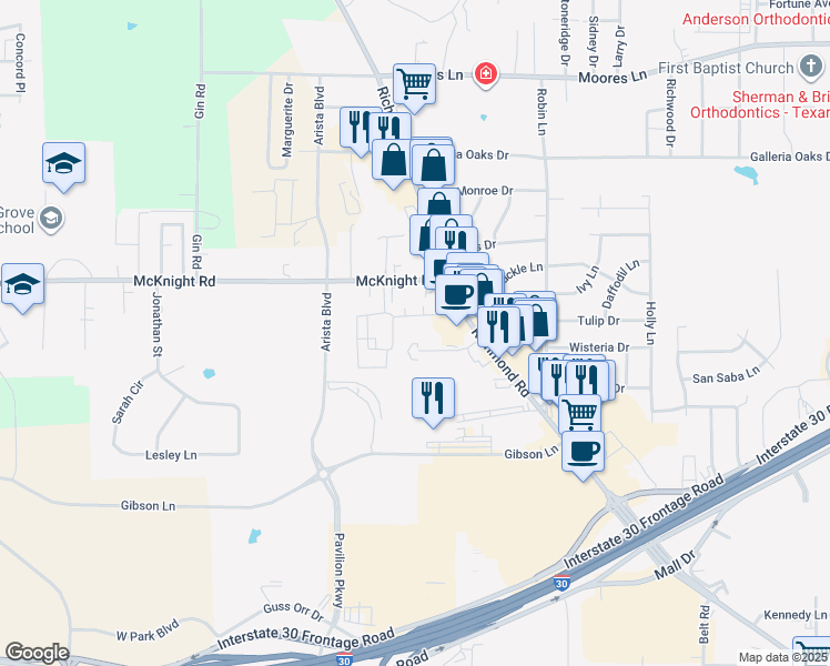 map of restaurants, bars, coffee shops, grocery stores, and more near 3113 Richmond Road in Texarkana