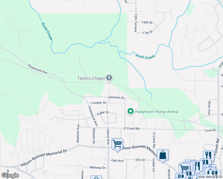 map of restaurants, bars, coffee shops, grocery stores, and more near 113 Gray Lane in Hueytown