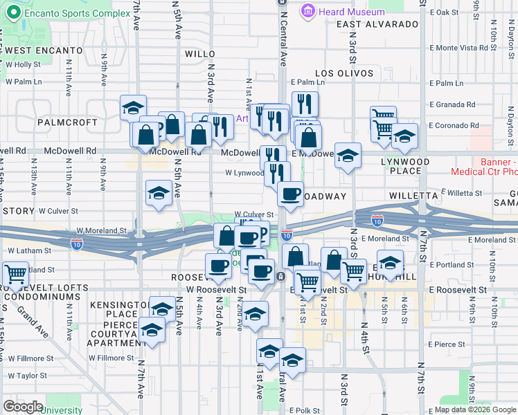 map of restaurants, bars, coffee shops, grocery stores, and more near 37 West Willetta Street in Phoenix