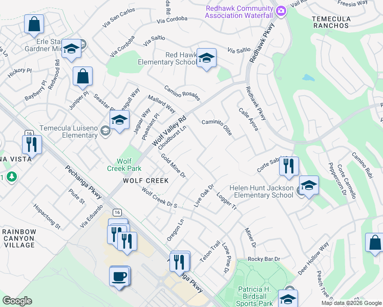 map of restaurants, bars, coffee shops, grocery stores, and more near 32022 Lodge House Court in Temecula