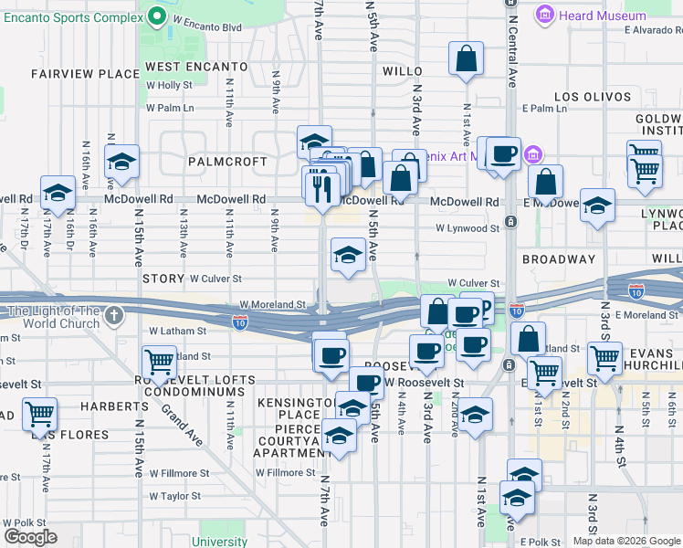map of restaurants, bars, coffee shops, grocery stores, and more near 523 West Willetta Street in Phoenix