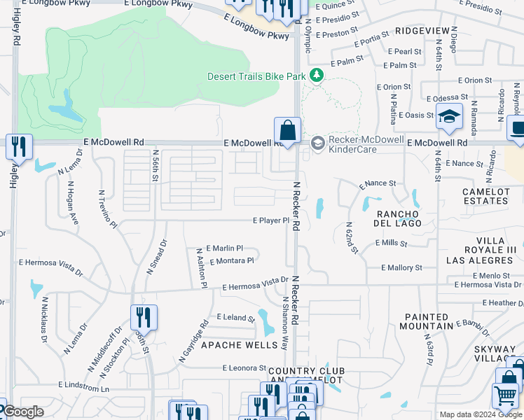 map of restaurants, bars, coffee shops, grocery stores, and more near 5917 East Norwood Street in Mesa