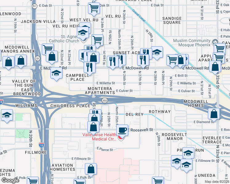 map of restaurants, bars, coffee shops, grocery stores, and more near 2512 East Culver Street in Phoenix