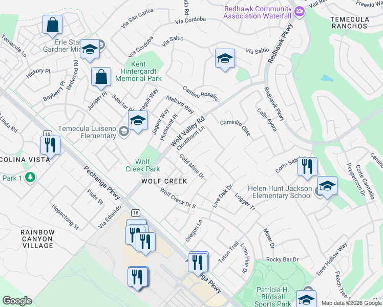 map of restaurants, bars, coffee shops, grocery stores, and more near 31940 Bitterroot Court in Temecula