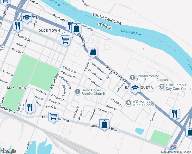 map of restaurants, bars, coffee shops, grocery stores, and more near 212 Japonica Avenue in Augusta