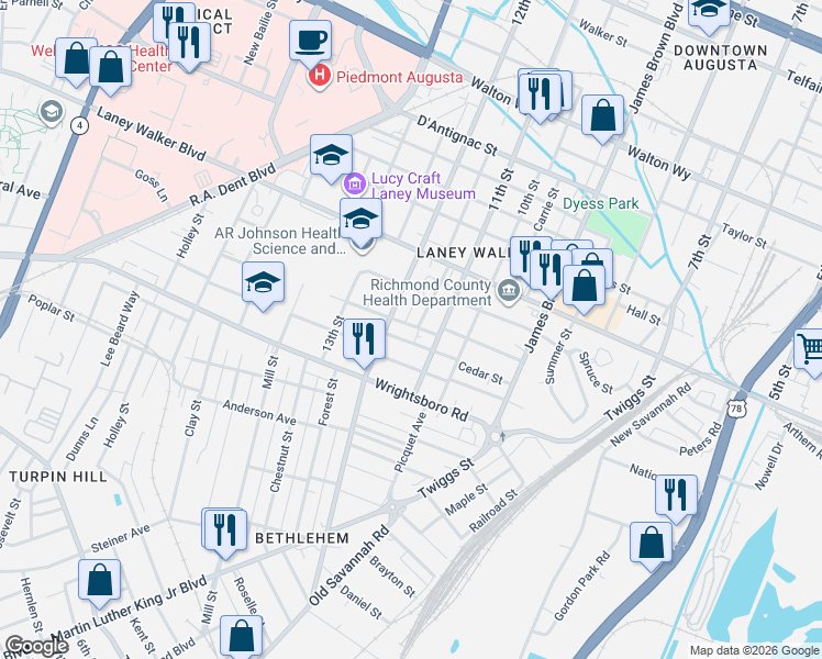 map of restaurants, bars, coffee shops, grocery stores, and more near 1248 12th Street in Augusta