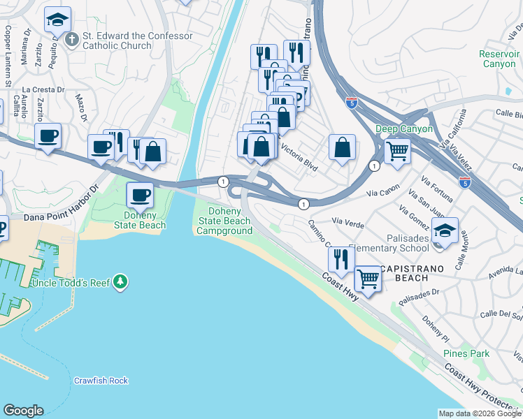 map of restaurants, bars, coffee shops, grocery stores, and more near 25872 Vista Drive West in Dana Point