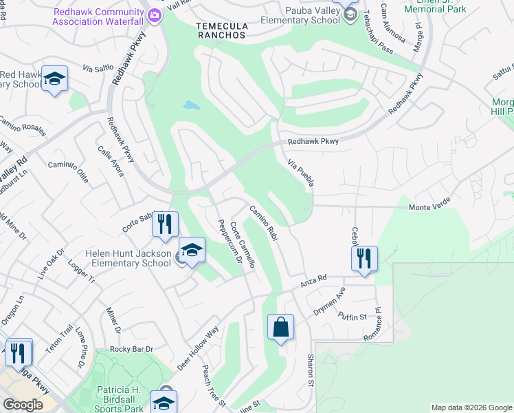 map of restaurants, bars, coffee shops, grocery stores, and more near 45706 Camino Rubi in Temecula