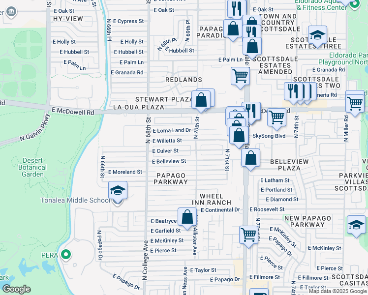 map of restaurants, bars, coffee shops, grocery stores, and more near 6937 East Willetta Street in Scottsdale