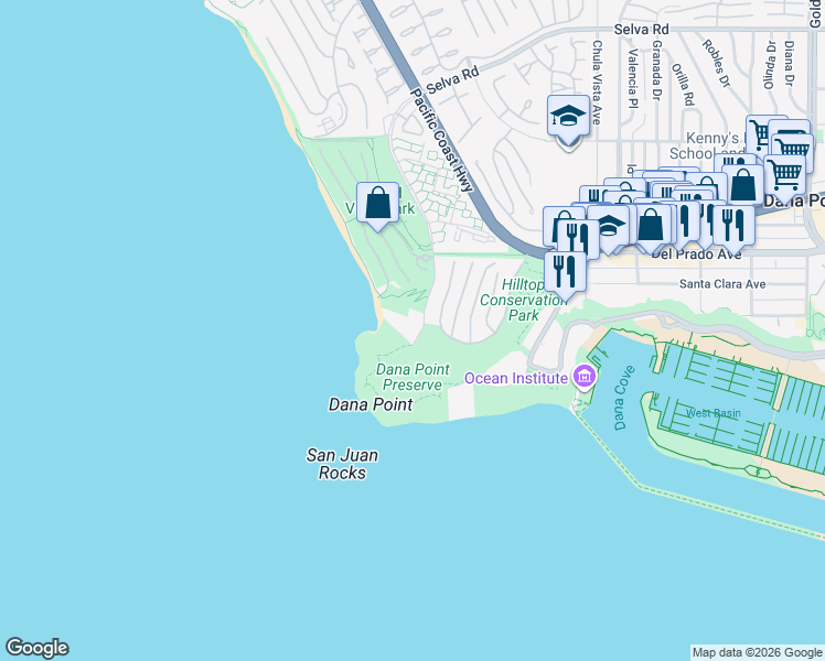 map of restaurants, bars, coffee shops, grocery stores, and more near 34381 Dana Strand Road in Dana Point