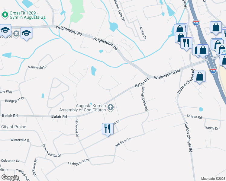 map of restaurants, bars, coffee shops, grocery stores, and more near 2816 Culverton Way in Augusta