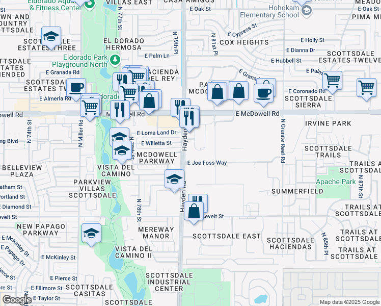 map of restaurants, bars, coffee shops, grocery stores, and more near 7943 East Willetta Street in Scottsdale