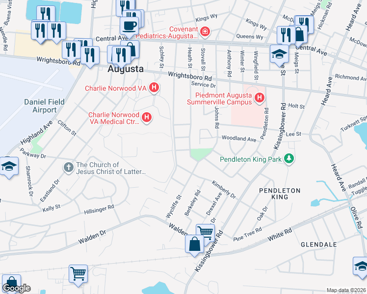map of restaurants, bars, coffee shops, grocery stores, and more near 2355 Devere Street in Augusta