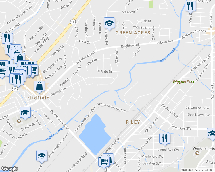 map of restaurants, bars, coffee shops, grocery stores, and more near 1129 Daniel Drive in Birmingham