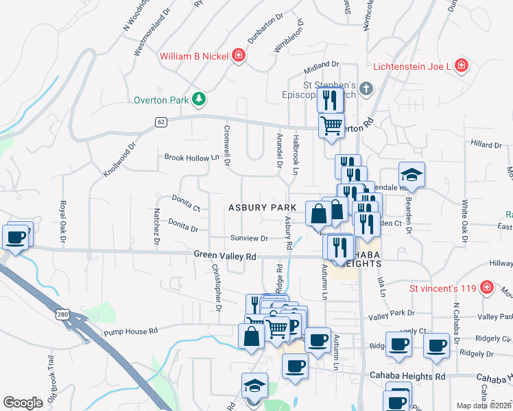 map of restaurants, bars, coffee shops, grocery stores, and more near 3021 Asbury Park Place in Vestavia Hills