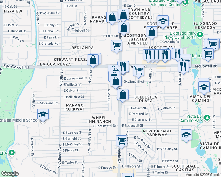 map of restaurants, bars, coffee shops, grocery stores, and more near 1330 North Scottsdale Road in Scottsdale