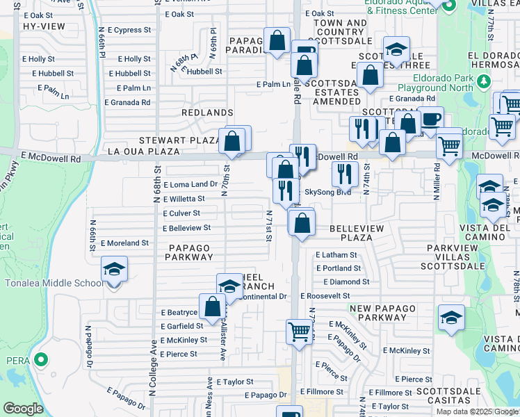 map of restaurants, bars, coffee shops, grocery stores, and more near 7049 East Willetta Street in Scottsdale