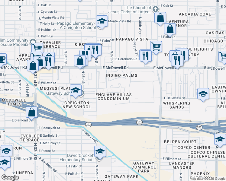 map of restaurants, bars, coffee shops, grocery stores, and more near 1225 North 36th Street in Phoenix