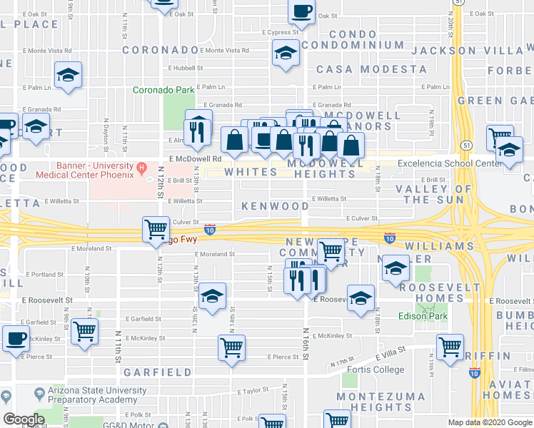 map of restaurants, bars, coffee shops, grocery stores, and more near 1320 North 15th Street in Phoenix