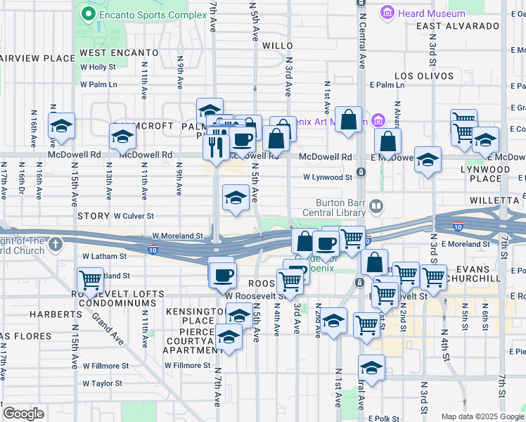 map of restaurants, bars, coffee shops, grocery stores, and more near 345 West Willetta Street in Phoenix