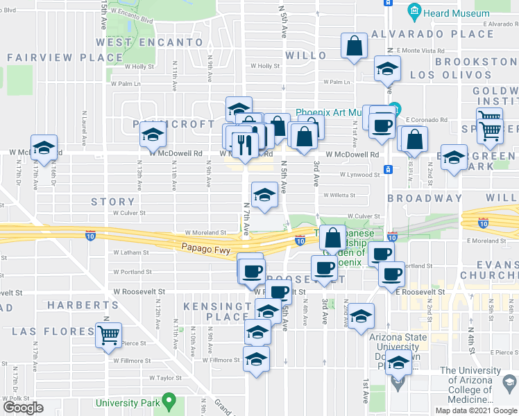map of restaurants, bars, coffee shops, grocery stores, and more near 523 West Willetta Street in Phoenix