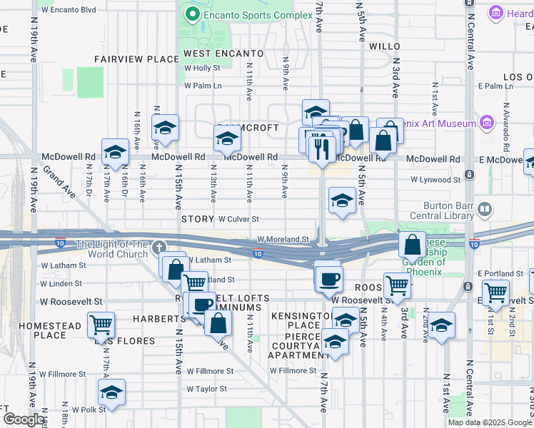 map of restaurants, bars, coffee shops, grocery stores, and more near 917 West Willetta Street in Phoenix
