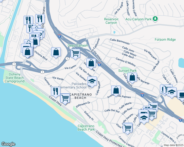 map of restaurants, bars, coffee shops, grocery stores, and more near 34341 Via Fortuna in Dana Point