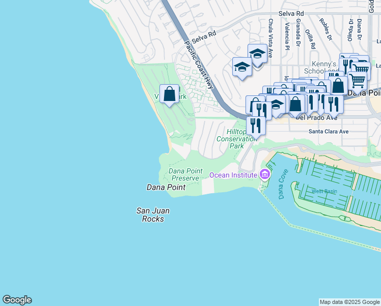 map of restaurants, bars, coffee shops, grocery stores, and more near 17 Shoreline Drive in Dana Point