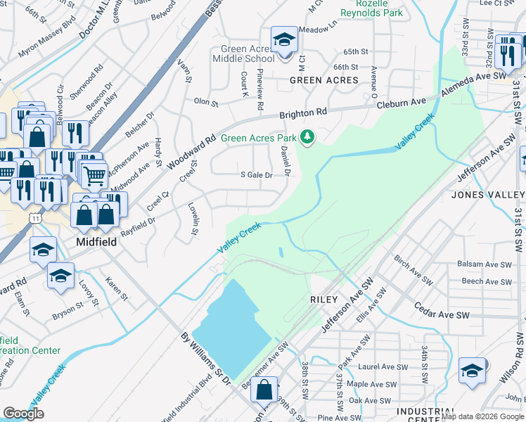 map of restaurants, bars, coffee shops, grocery stores, and more near 1108 Daniel Drive in Birmingham