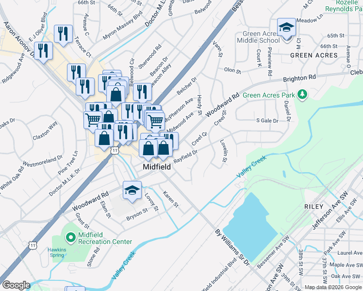 map of restaurants, bars, coffee shops, grocery stores, and more near 1404 Woodward Road in Birmingham