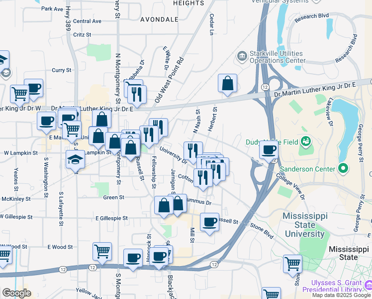 map of restaurants, bars, coffee shops, grocery stores, and more near 101-199 North Nash Street in Starkville