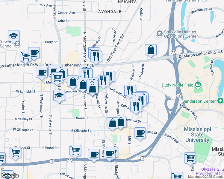 map of restaurants, bars, coffee shops, grocery stores, and more near 98 Hartness Street in Starkville