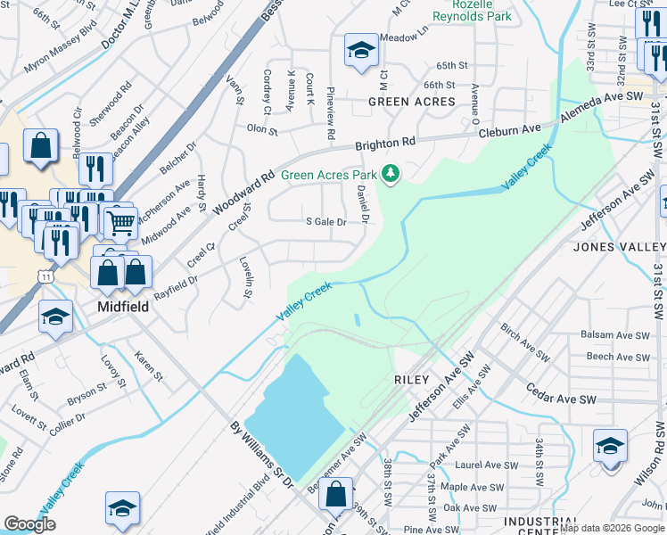 map of restaurants, bars, coffee shops, grocery stores, and more near 1108 Daniel Drive in Birmingham
