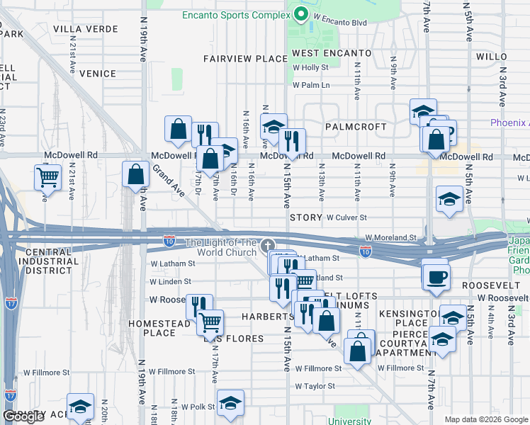 map of restaurants, bars, coffee shops, grocery stores, and more near 1513 West Willetta Street in Phoenix