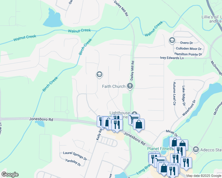 map of restaurants, bars, coffee shops, grocery stores, and more near 128 Crown Drive in McDonough