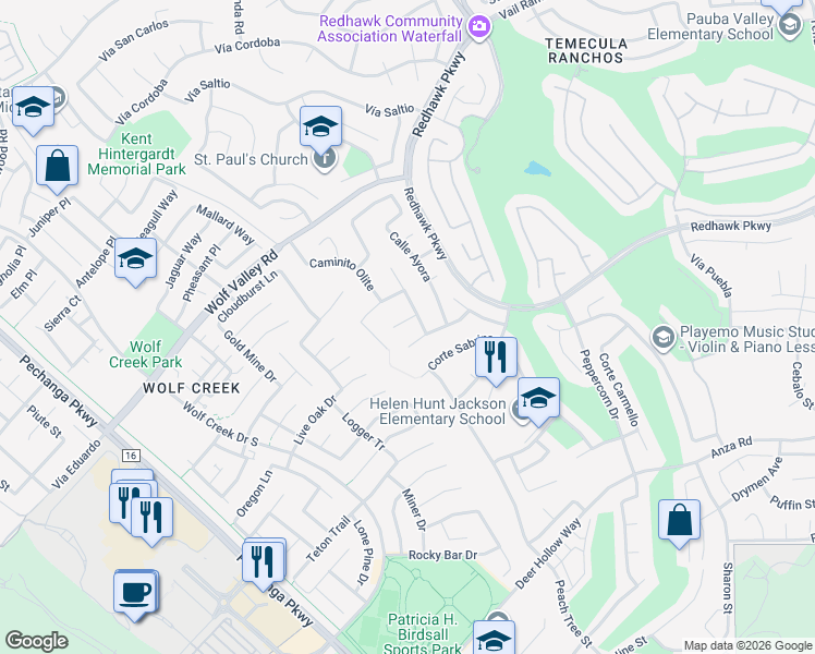 map of restaurants, bars, coffee shops, grocery stores, and more near 32169 Corte Daroca in Temecula