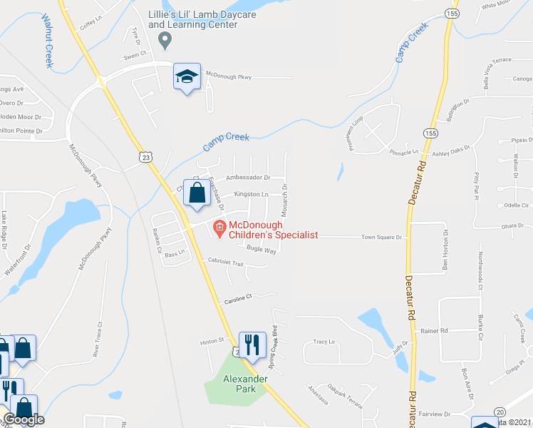 map of restaurants, bars, coffee shops, grocery stores, and more near 3090 Regal Drive in McDonough