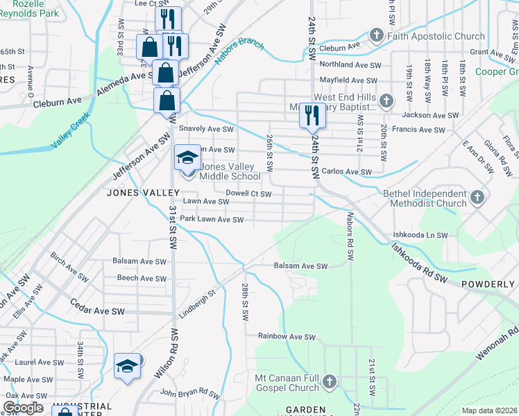 map of restaurants, bars, coffee shops, grocery stores, and more near 2520 Lawn Avenue Southwest in Birmingham